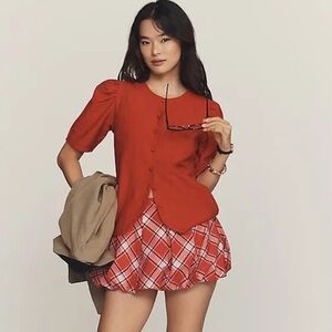 NWT Maeve Puff-Sleeve Button-Front Top, Red, Small
